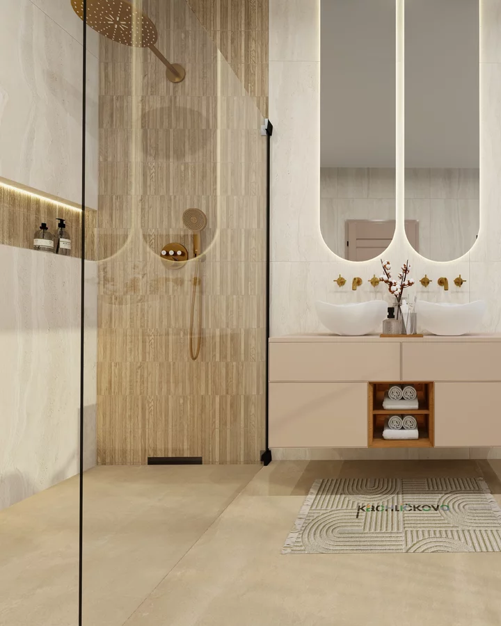Kúpeľňa, ktorá dýcha eleganciou dreva, kameňa a betónu