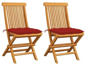 Záhradné stoličky s červenými podložkami 2 ks tíkový masív