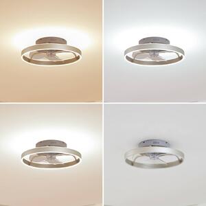 Lindby LED stropný ventilátor Momitu, strieborný, tichý, Ø 50 cm, Hliník / sivá / zinok, Obývacia izba / jedáleň, Hliník, Moderný, Závesné svietidlo