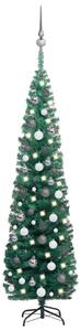 Úzky osvetlený umelý vianočný stromček s guľami, zelený 180 cm