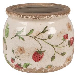 Béžový keramický obal na kvetináč s jahôdkami Wild Strawberries S - Ø 12*10 cm - Clayre & Eef