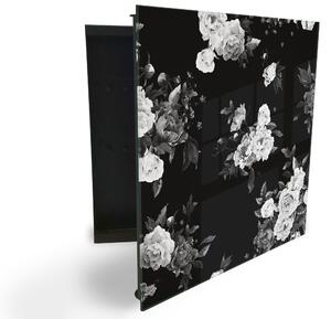 Glasdekor skrinka na kľúče - abstraktné biele kvety na čiernom - Ľavé / Čierna