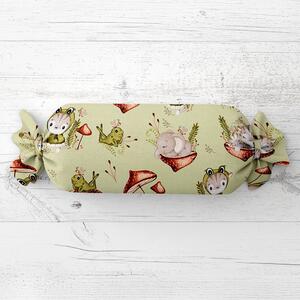 Biante Detský vankúš valec bonbon Sandra SA-474 Žabky a zvieratká medzi hubami na zelenom 15x40 cm