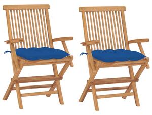 Záhradné stoličky s modrými podložkami 2 ks tíkový masív