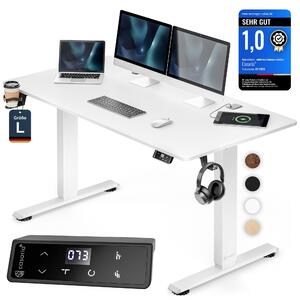 CASARIA® Elektricky výškovo nastaviteľný stôl 140 x 70 cm s bezdrôtovou nabíjačkou a USB-C/A pripojením LCD displej Funkcia pamäte Nosnosť 80 kg Ergonomický Biely