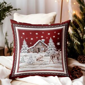 Vianočná gobelínová obliečka na vankúš Zimná krajinka Chenille IT029 Farba Červená Rozmery 42x42 cm