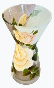 Elegantná sklenená váza s maľovanými bielymi ružami