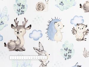 Detská bavlnená látka/plátno Sandra SA-478 Lesné zvieratká v čučoriedkach na bielom - šírka 160 cm