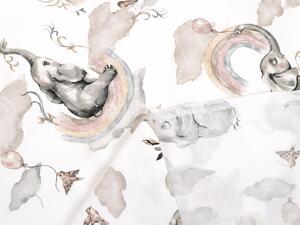 Detská bavlnená látka/plátno Sandra SA-462 Slony so sivohnedou dúhou na bielom - šírka 160 cm