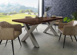 Stôl akácia 220x100x77 hnedý lakovaný / X-nohy strieborný matný METALL 5