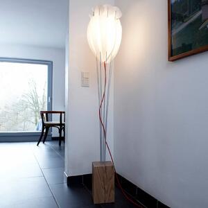 Stojaca lampa Tulip, červený kábel, dub, biele