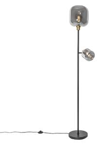 Stojaca lampa čierna so zlatom s dymovým sklom 2-svetlo - Zuzanna