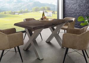 Stôl akácia 160x90x77 sivý lakovaný / X-nohy strieborný matný METALL 5
