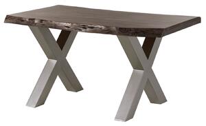 Stôl akácia 140x90x77 sivý lakovaný / X-nohy strieborný matný METALL 5