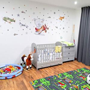 INSPIO-textilná prelepiteľná nálepka - Nálepka na stenu pre chlapcov - Macko s lietadlom a hviezdy do detskej izby