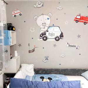 INSPIO-textilná prelepiteľná nálepka - Nálepky na stenu pre chlapcov - Medvedík s policajným autom