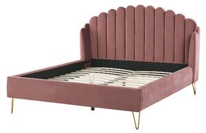 Posteľ ružová zamatová 160 x 200 cm čalúnený rám postele kovové nohy retro dizajn zaoblené prešívané čelo v tvare mušle
