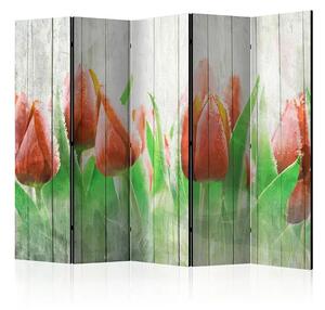 Paraván - Red tulips on wood II [Room Dividers]