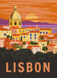 Ilustrácia Lisbon VintageTravel Poster. Portugal cityscape landmark,, VectorUp