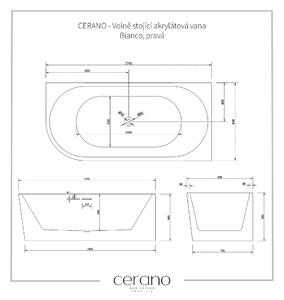 CERANO - Voľne stojaca akrylátová vaňa Bianco, pravá - biela lesklá - 170x80 cm