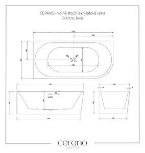 CERANO - Voľne stojaca akrylátová vaňa Bianco, ľavá - biela lesklá - 170x80 cm