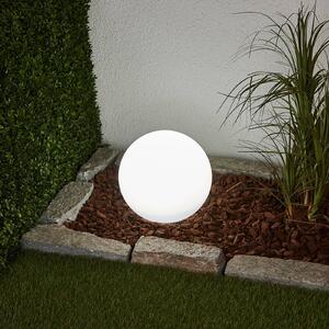 Lindby LED solárna lampa Lago, Ø 25 cm, guľa, zemný hrot, biela
