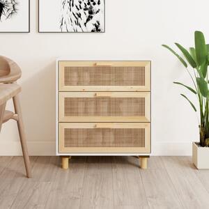 Komoda biela 60x30x70 cm masívna borovica a prírodný ratan