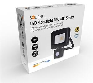 SOLIGHT LED reflektor PRO 20W/230V/1700Lm/5000K/120°/IP44, čierny so senzorom