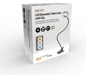 SOLIGHT LED stmievateľná stolná lampička s klipom, 300lm, nastaviteľná teplota svetla, USB, WO66-B