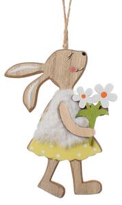 Jarná dekorácia záves zajačica biely kožúšok, kvety natur/biela drevo 9*13*0,6cm