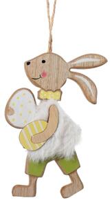 Jarná dekorácia záves zajac biely kožúšok, vajíčka natur/biela/zelená drevo 9*13*0,6cm