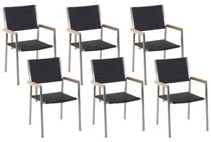Sada 6 záhradných jedálenských stoličiek Čierne a strieborné sedadlo z umelého ratanu z nehrdzavejúcej ocele, stohovateľné vonkajšie odolnosti