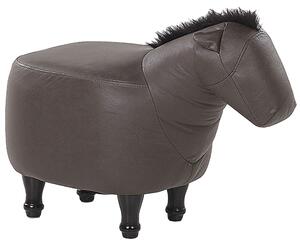 Stolička kôň z tmavohnedej látky, drevené nohy, podnožka pre deti