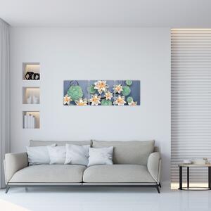 Kvety na modrom pozadí - obraz (Obraz 90x30cm)