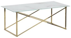 Konferenčný stolík mramorový efekt biela doska zlaté nohy tvrdené sklo nohy z nehrdzavejúcej ocele 100 x 50 cm glamour