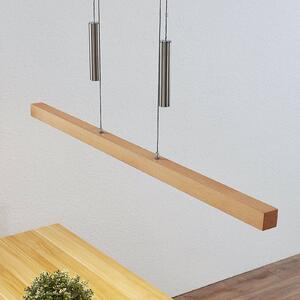 Závesné svietidlo Lucande LED Pia, bukové drevo, dĺžka 100 cm