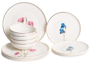 12-dielna sada jedálenského riadu biela porcelán so vzorom kvetov glazúrovaný povrch servis pre 4 osoby kuchyňa jedáleň