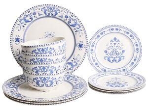 12-dielna sada jedálenského riadu biela modrá porcelán s abstraktným vzorom glazúrovaný povrch servis pre 4 osoby kuchyňa jedáleň
