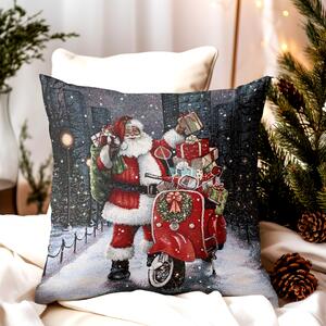 Vianočná gobelínová obliečka na vankúš – Santa Claus na skútri s darčekmi Farba Viacfarebná Rozmery 42x42 cm