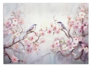Fototapeta, Ptáci a květiny Shabby Chic - 100x70 cm