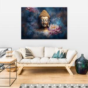 Obraz na plátně, zlatý buddha abstraktní lotosové květy - 60x40 cm
