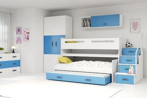 Poschodová posteľ 80 x 200 cm Moxxo 1 (biela + modrá) (s roštami, matracmi a úl. priestorom). Vlastná spoľahlivá doprava až k Vám domov. 1056467