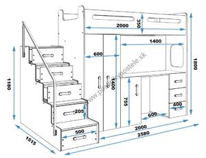 Vyvýšená poschodová posteľ MAX 4 - 200x80cm - Biela - Modrá (1x posteľ + stôl + skriňa)