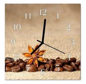 Nástenné hodiny 30x30cm zrná kávy, badián na tkanine - plexi
