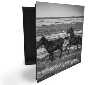 Glasdekor skrinka na kľúče - čiernobiely kôň na pláži - Pravé / Čierna