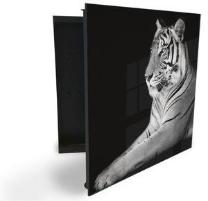 Glasdekor skrinka na kľúče - biely tiger na čiernom podklade z boku - Ľavé / Čierna