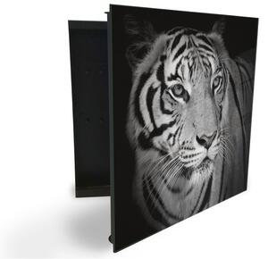 Glasdekor skrinka na kľúče - hlava čiernobiely tiger - Ľavé / Čierna