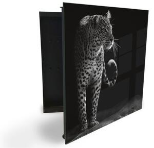 Glasdekor skrinka na kľúče - šelma čiernobiely leopard - Ľavé / Čierna