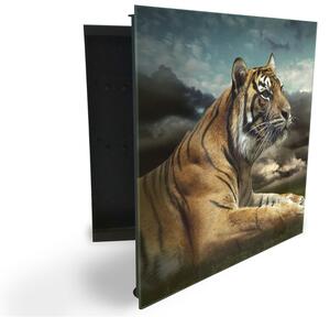 Glasdekor skrinka na kľúče - ležiaci tiger pod tmavou oblohou - Ľavé / Biela