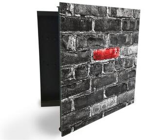 Glasdekor skrinka na kľúče - šedý múr a červený detail - Ľavé / Čierna